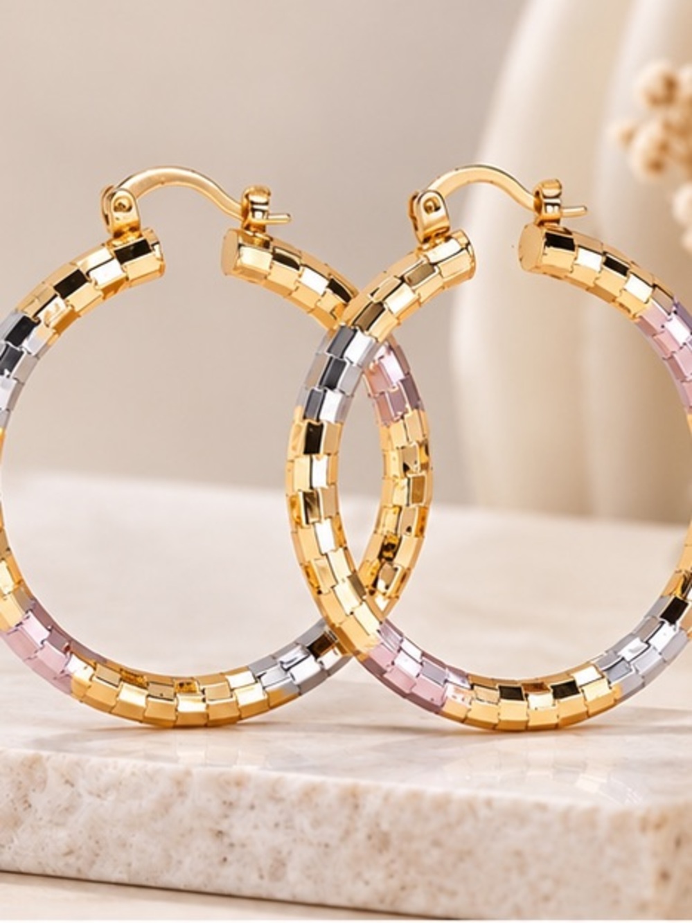 Oversized Tri-Tone Faceted Hoop Earrings 70mm Mixed Metal